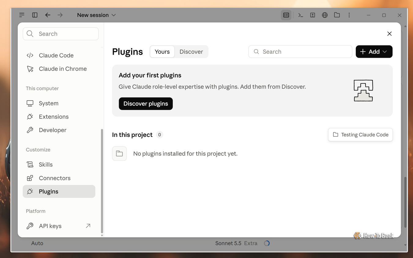 Claude desktop app Plugins settings with no plugins installed for the project.