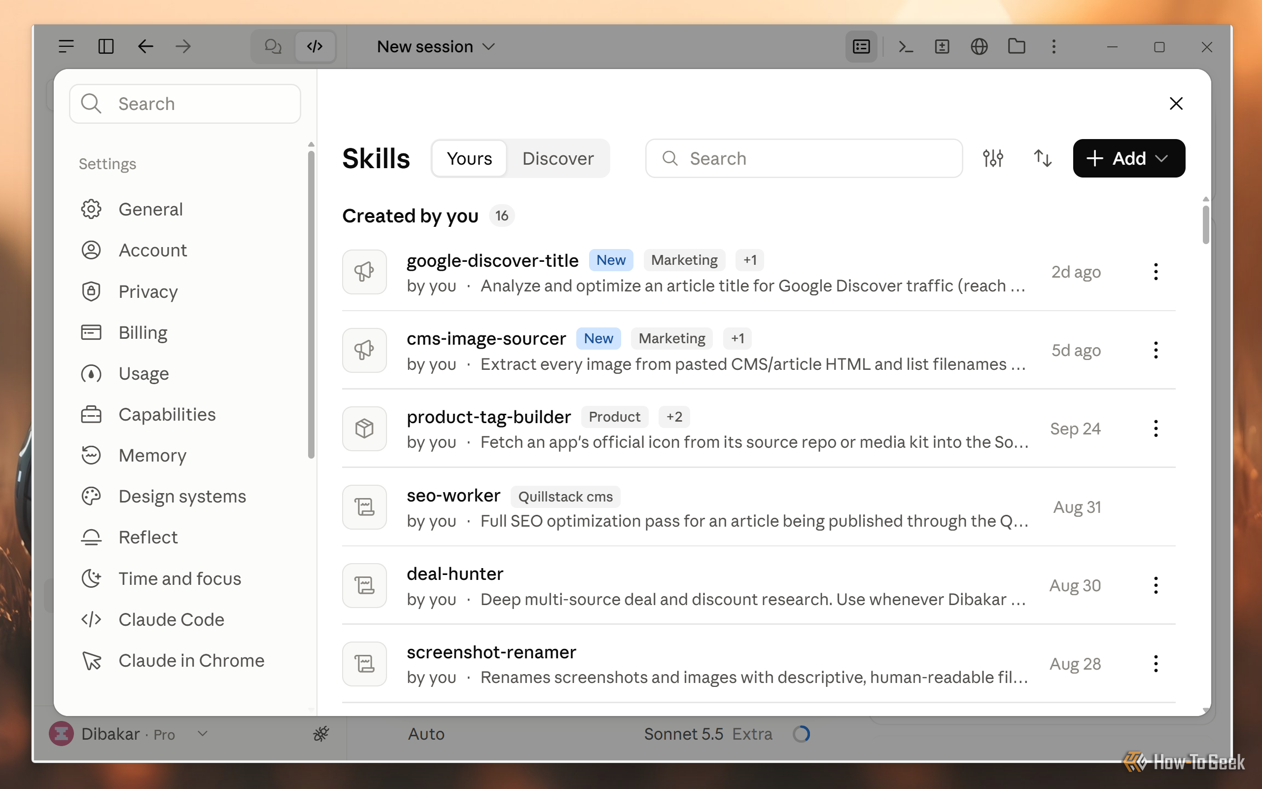 Claude desktop app Skills settings showing 16 skills created by you before cleanup.