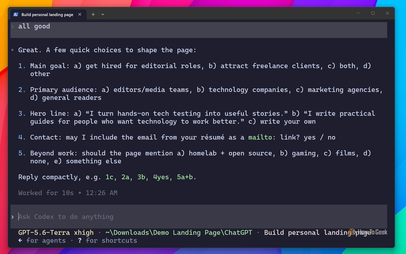 Codex asking five lettered clarifying questions on goal, audience, hero line, contact, and personal interests.