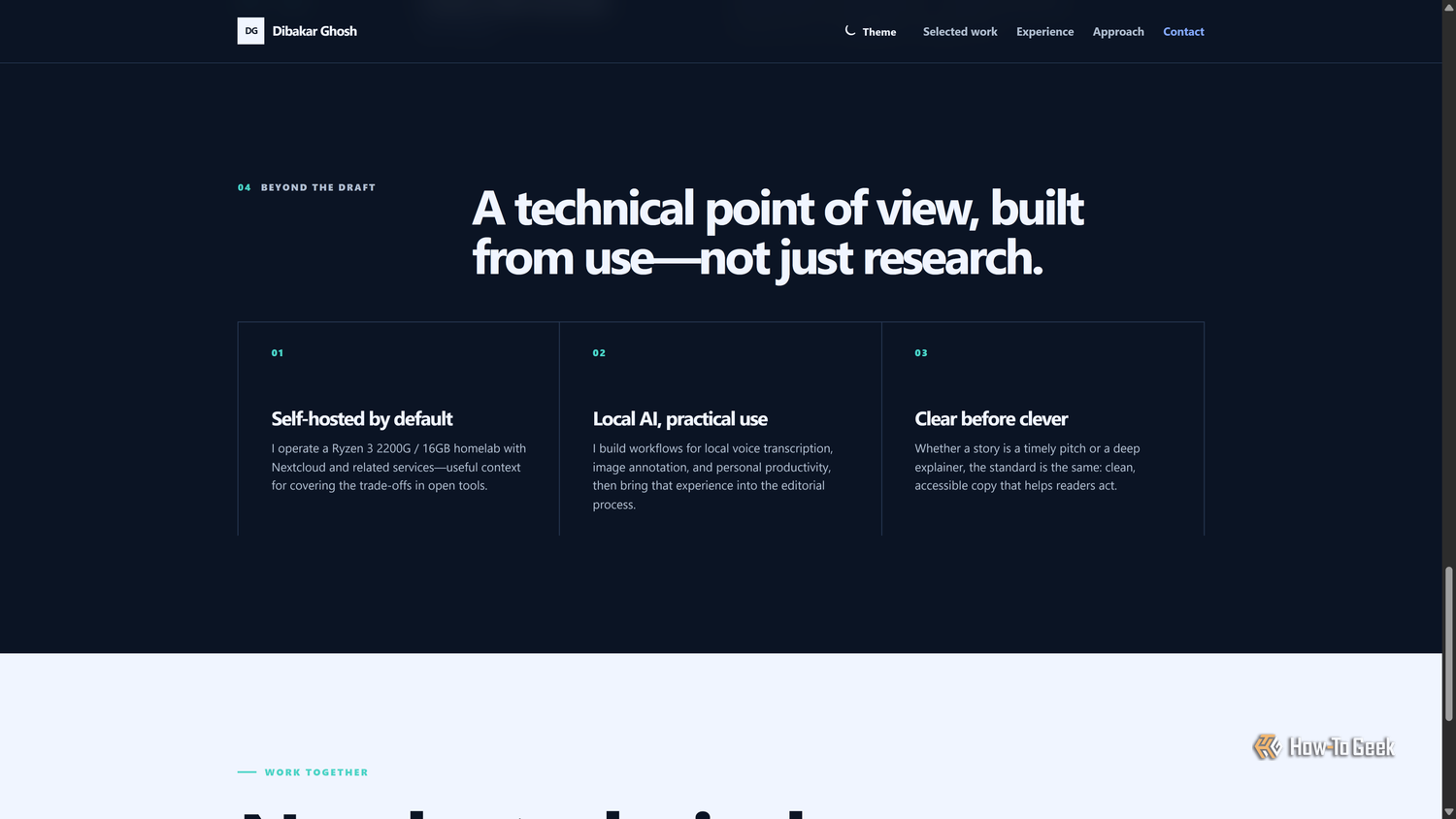 Codex-built portfolio Beyond the draft section with Self-hosted by default, Local AI, and Clear before clever cards.