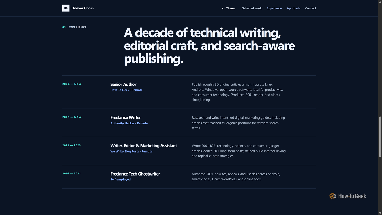 Codex-built portfolio Experience section headed A decade of technical writing with four roles.