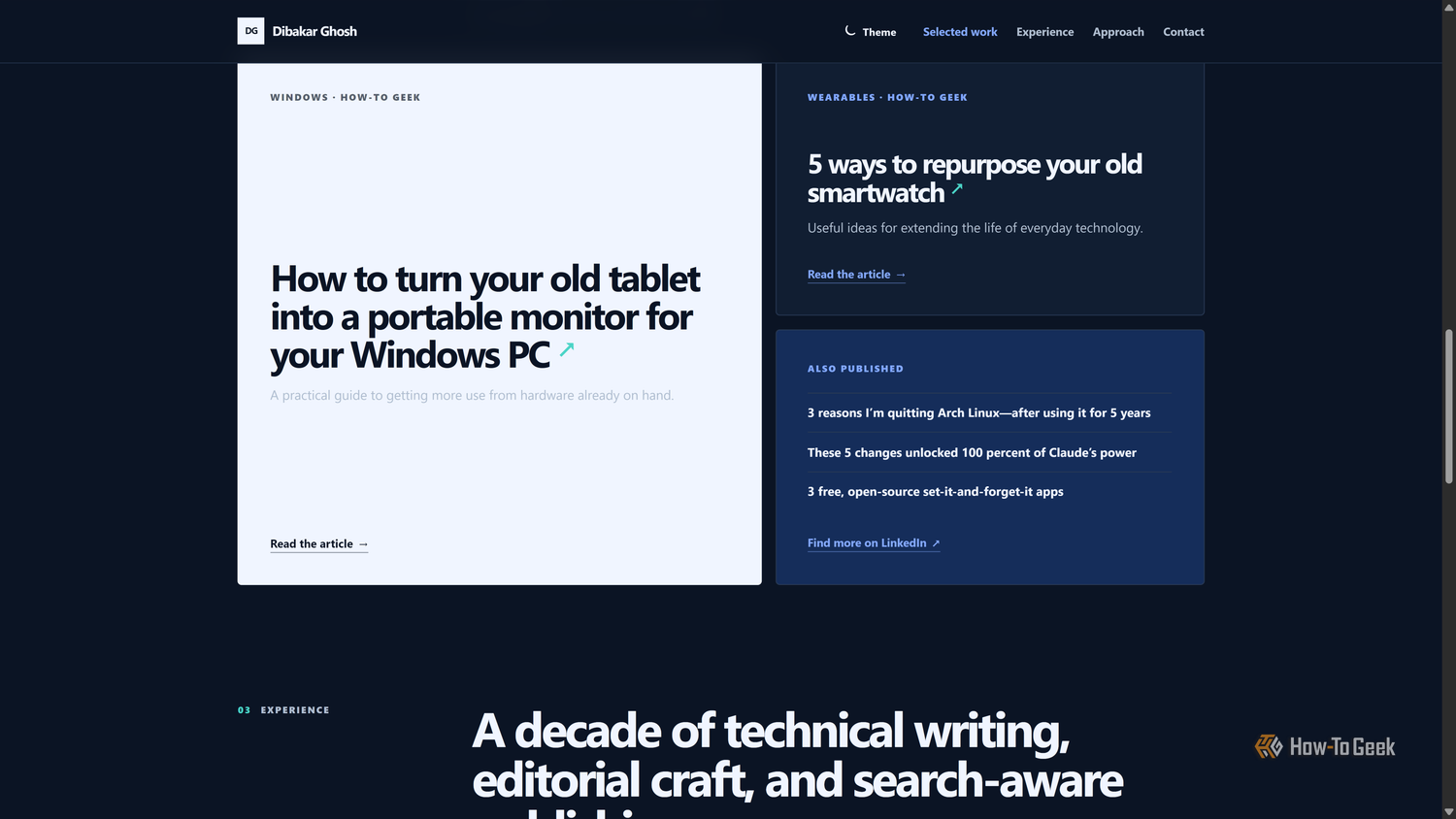 Codex-built portfolio Selected work cards featuring How-To Geek articles and an Also published list.