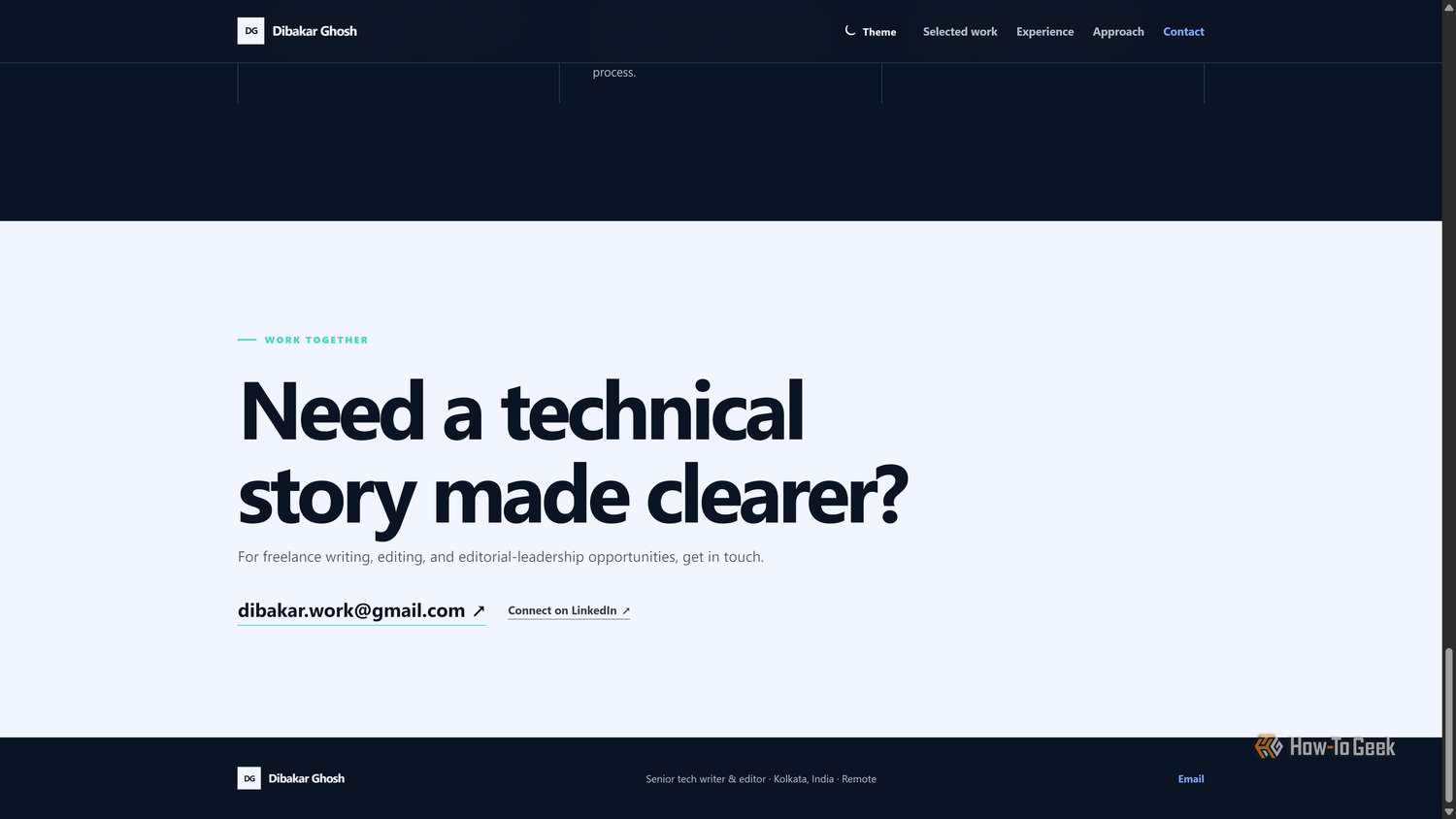 Codex-built portfolio Work together contact section asking Need a technical story made clearer.