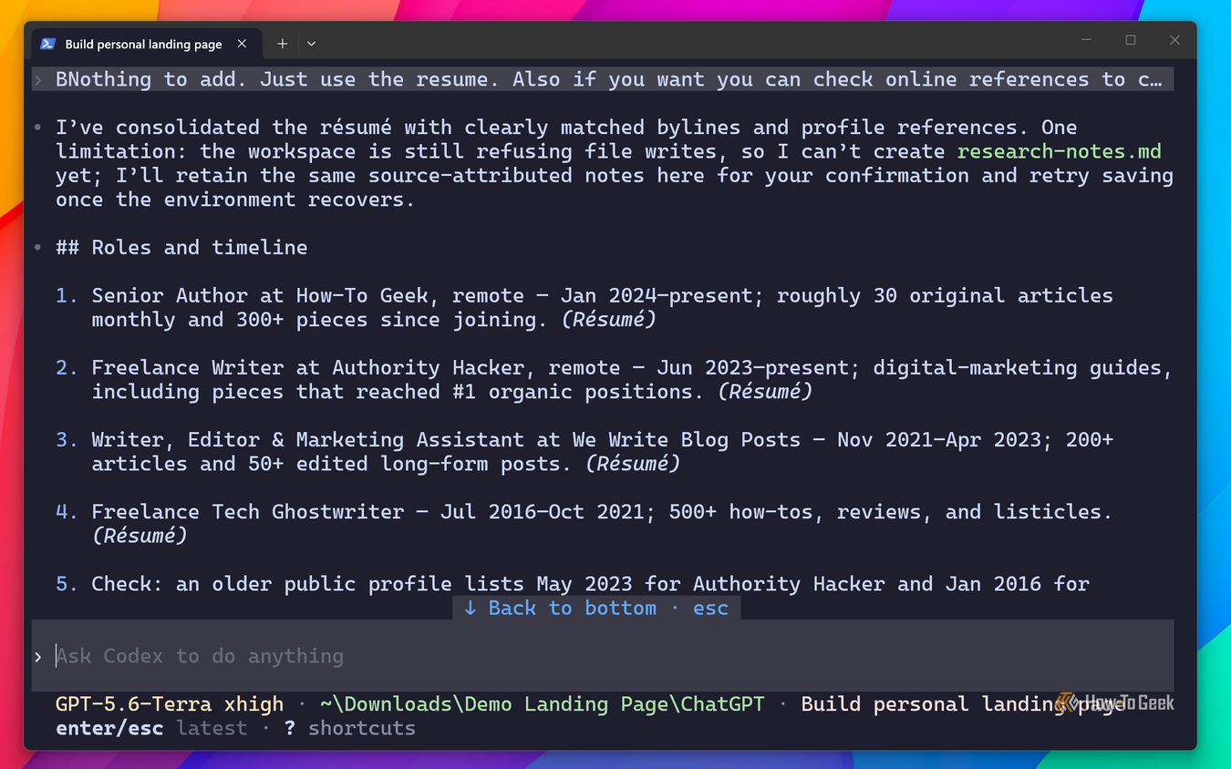 Codex consolidated research notes listing roles and timeline with résumé source attributions.