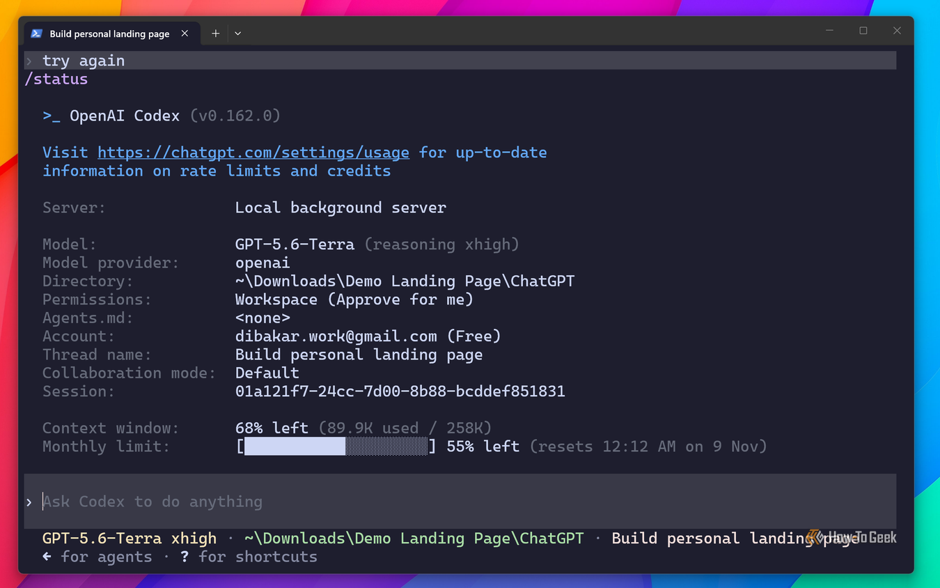Codex context usage showing 89.9kk tokens used after building a portfolio website.