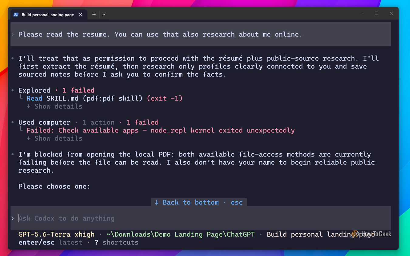 Codex reporting it is blocked from opening the local resume PDF after the PDF skill and computer tool fail.