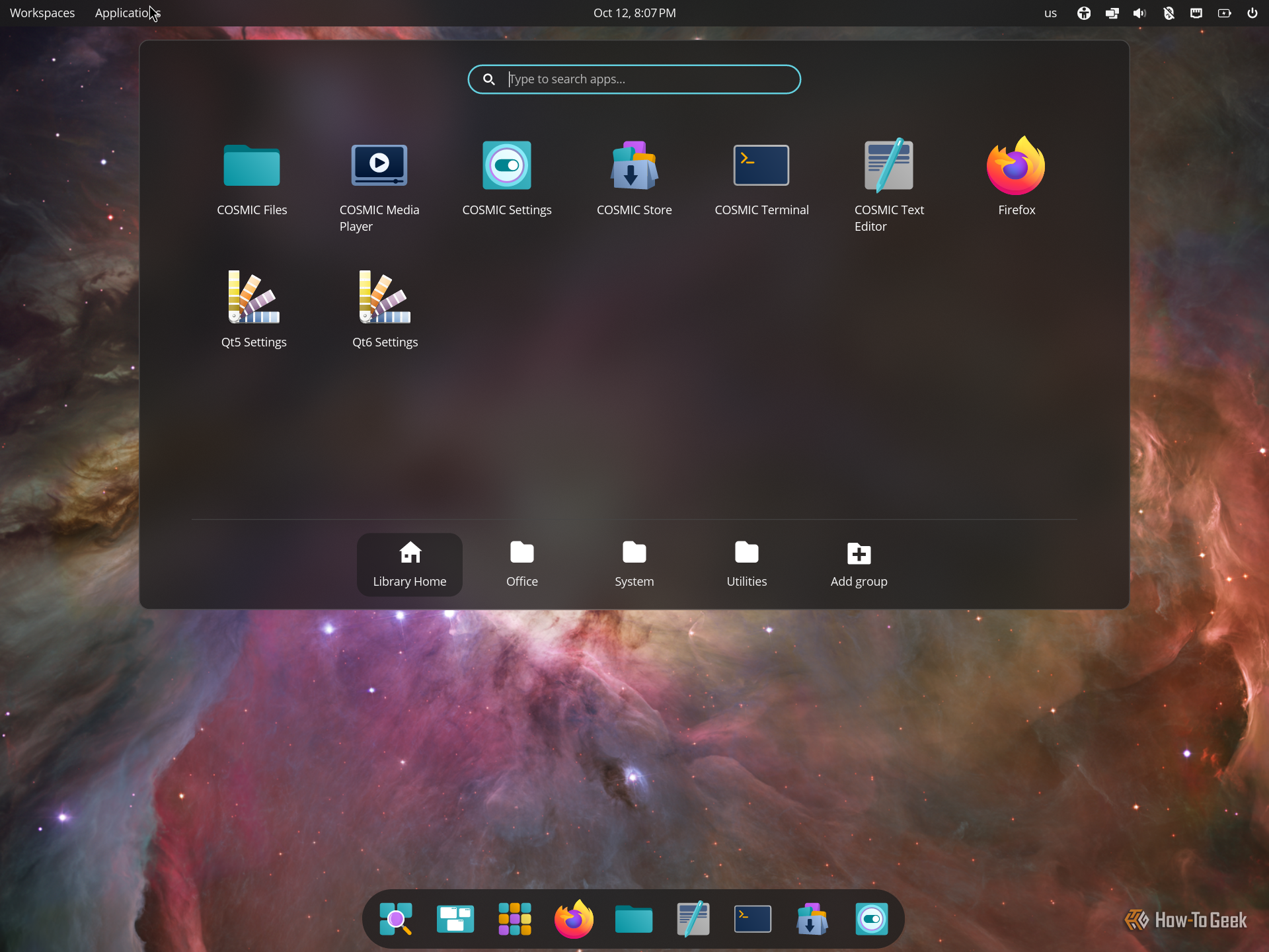 COSMIC Applications library open from the top panel showing COSMIC apps and Office, System and Utilities groups.