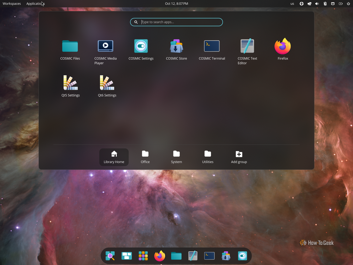 COSMIC Applications library open from the top panel showing COSMIC apps and Office, System and Utilities groups.