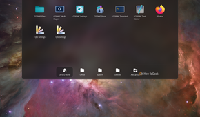 COSMIC Applications library open from the top panel showing COSMIC apps and Office, System and Utilities groups.