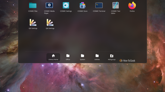 COSMIC Applications library open from the top panel showing COSMIC apps and Office, System and Utilities groups.