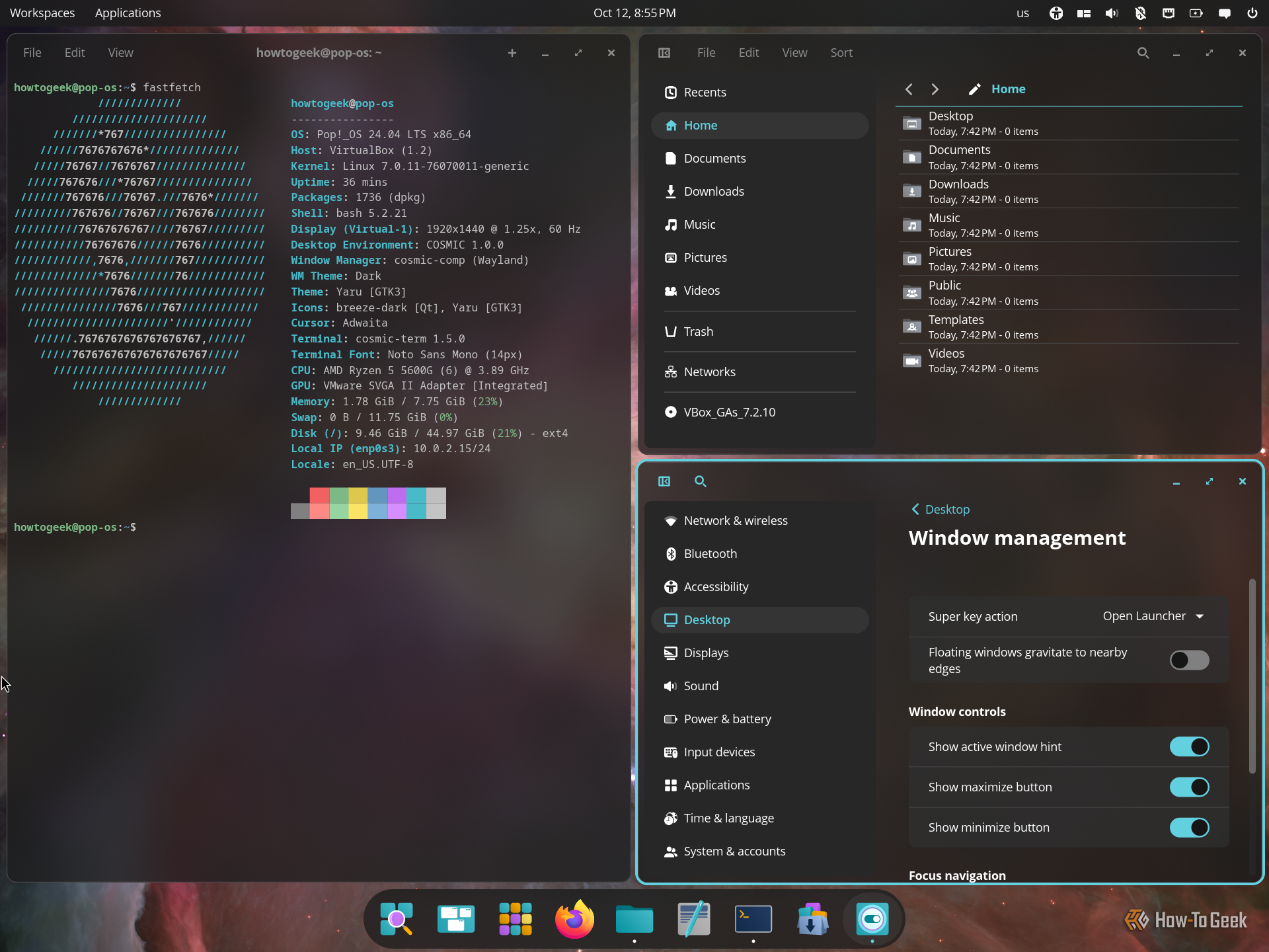 COSMIC auto-tiling with terminal, COSMIC Files and Window management settings tiled side by side.