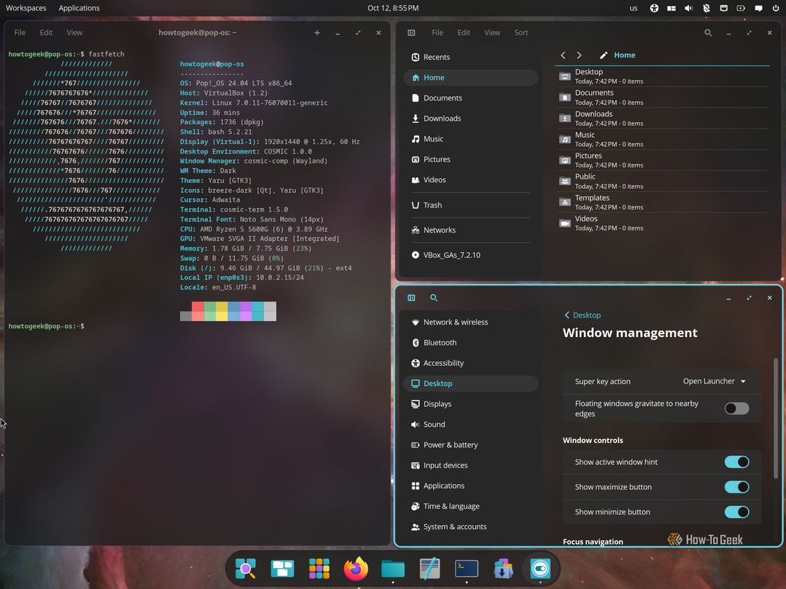 COSMIC auto-tiling with terminal, COSMIC Files and Window management settings tiled side by side.