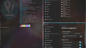 COSMIC auto-tiling with terminal, COSMIC Files and Window management settings tiled side by side.