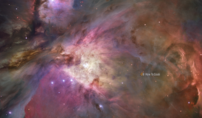 COSMIC desktop on Pop!_OS with the top panel and floating bottom dock over the Orion Nebula wallpaper.