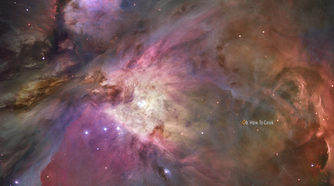 COSMIC desktop on Pop!_OS with the top panel and floating bottom dock over the Orion Nebula wallpaper.
