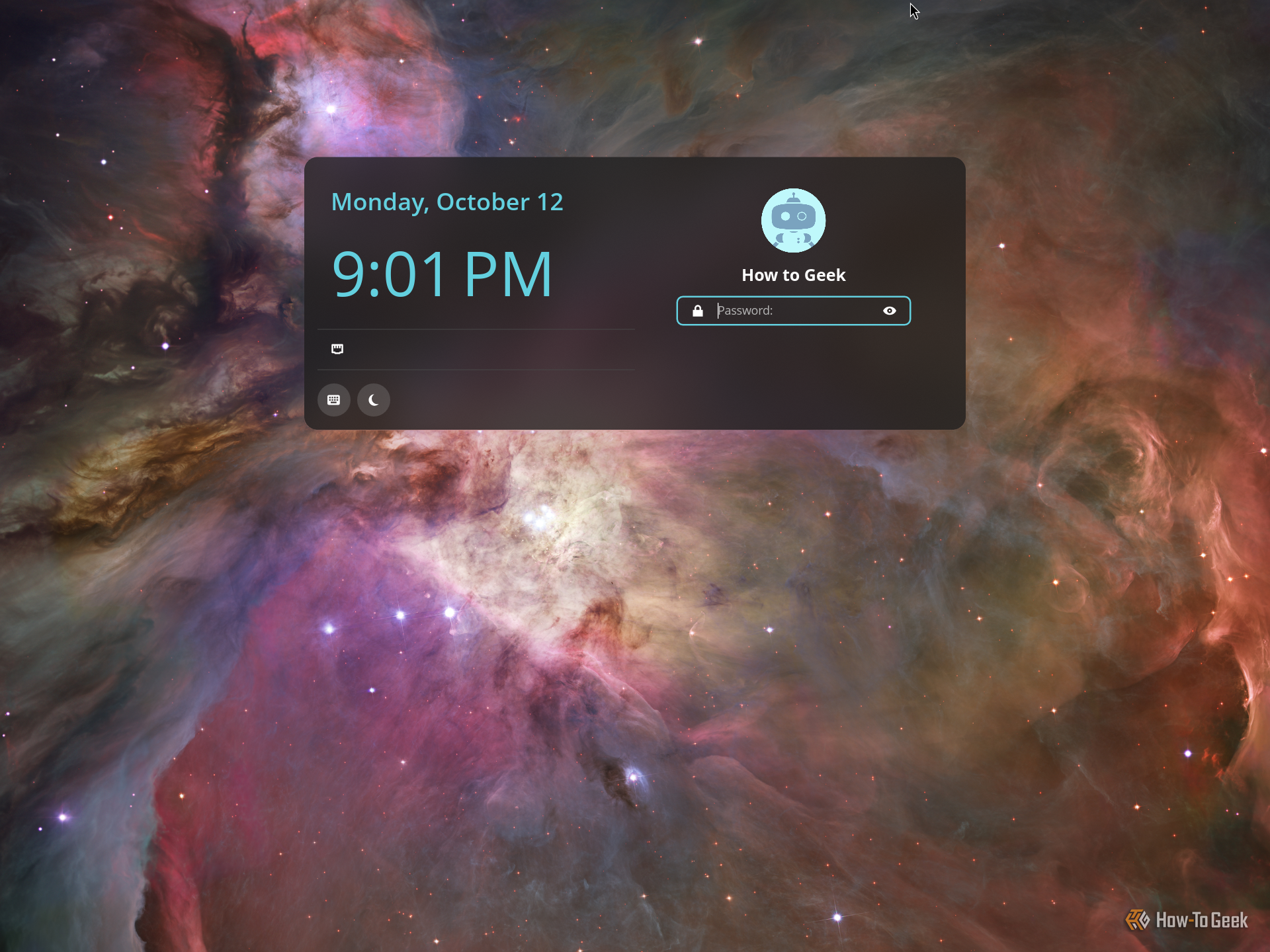 COSMIC lock screen with the date, time and password field for the How to Geek user.