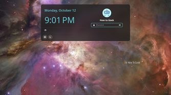COSMIC lock screen with the date, time and password field for the How to Geek user.