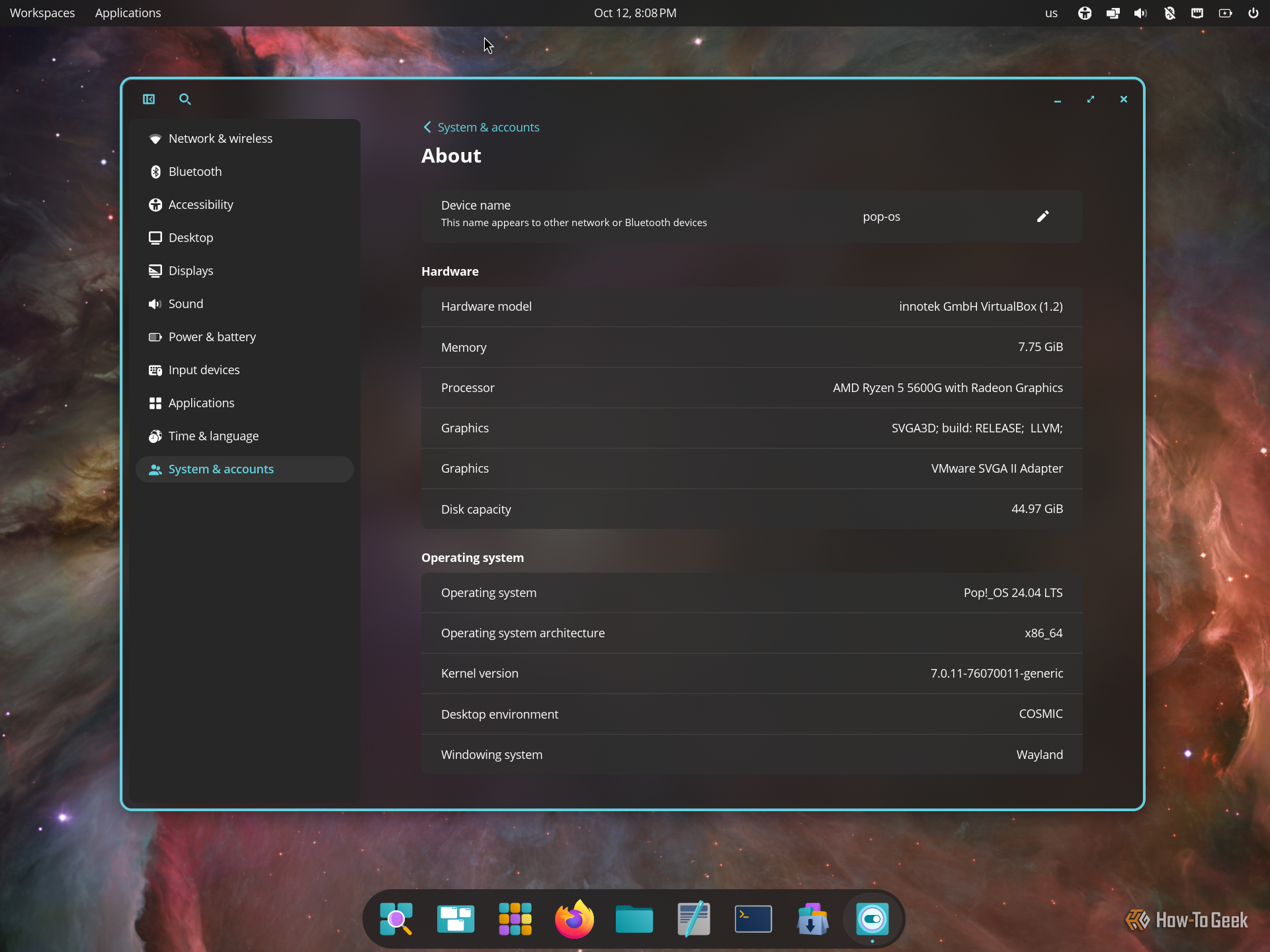 COSMIC Settings About page showing Pop!_OS 24.04 LTS running the COSMIC desktop on Wayland.