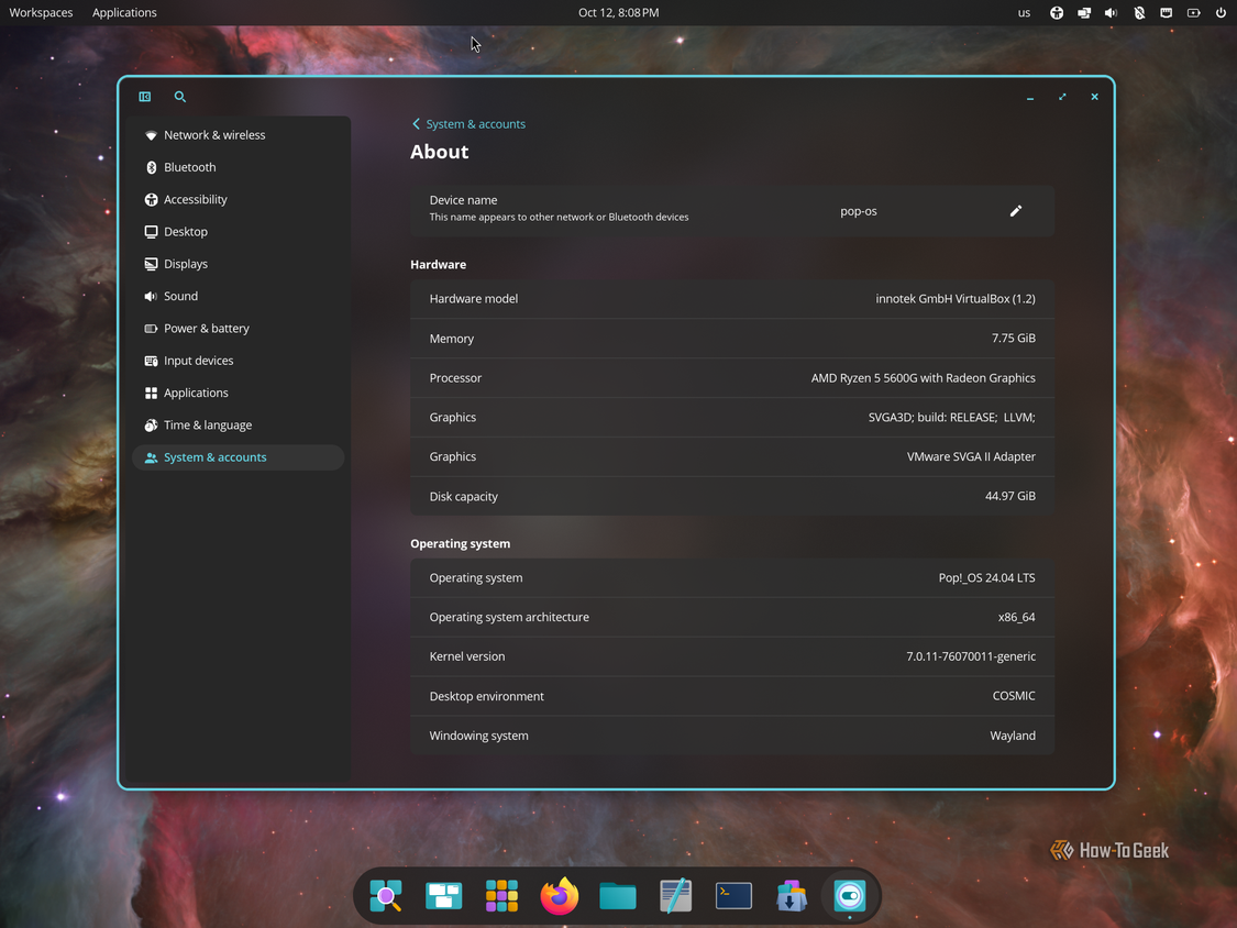 COSMIC Settings About page showing Pop!_OS 24.04 LTS running the COSMIC desktop on Wayland.