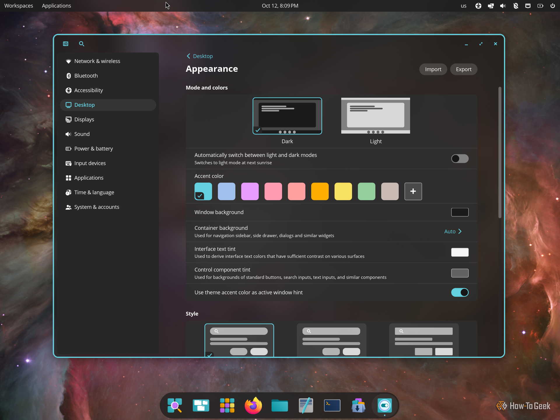 COSMIC Settings Appearance page with dark mode, accent color swatches and window background options.