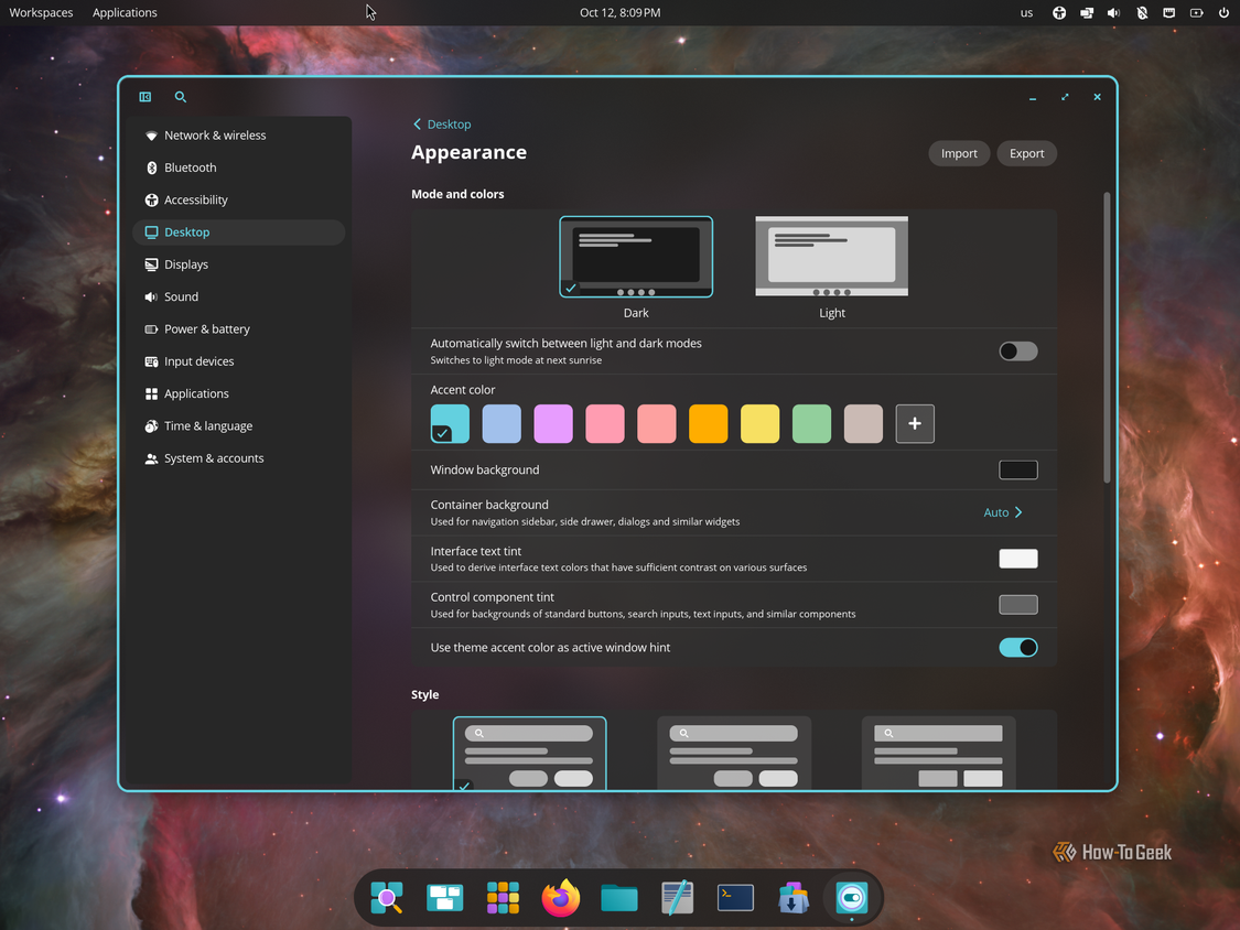 COSMIC Settings Appearance page with dark mode, accent color swatches and window background options.