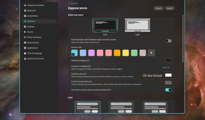 COSMIC Settings Appearance page with dark mode, accent color swatches and window background options.
