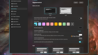 COSMIC Settings Appearance page with dark mode, accent color swatches and window background options.