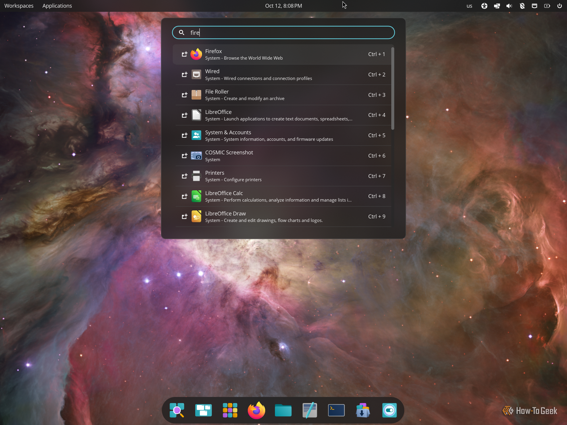 COSMIC Spotlight-like launcher searching for fire with Firefox as the top result.