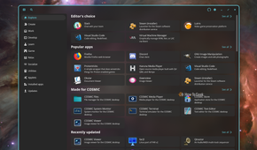 COSMIC Store Explore page with Editor's choice, Popular apps and Made for COSMIC sections.