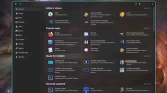 COSMIC Store Explore page with Editor's choice, Popular apps and Made for COSMIC sections.