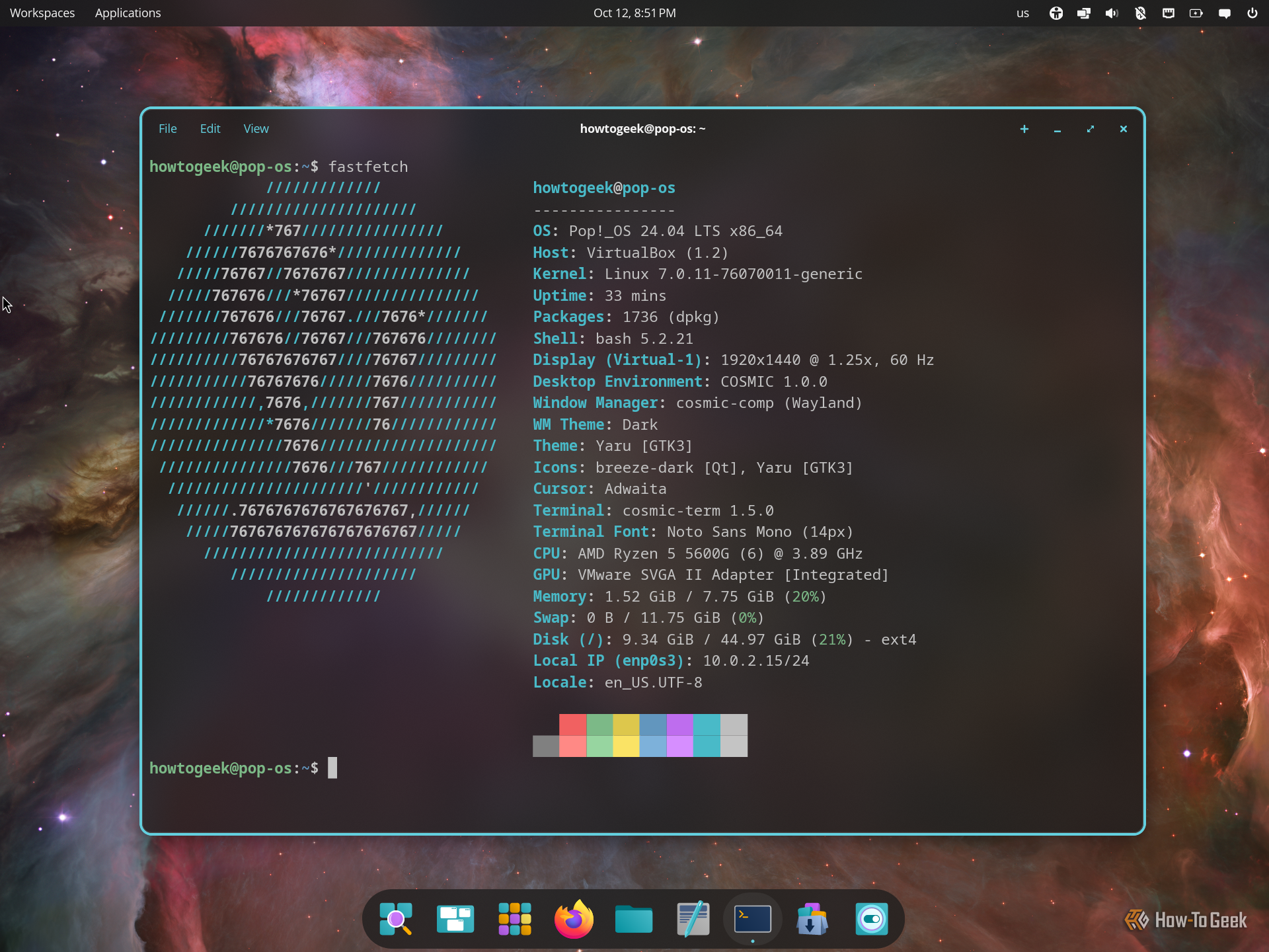 COSMIC Terminal showing fastfetch output for Pop!_OS 24.04 with COSMIC 1.0.0 on Wayland.