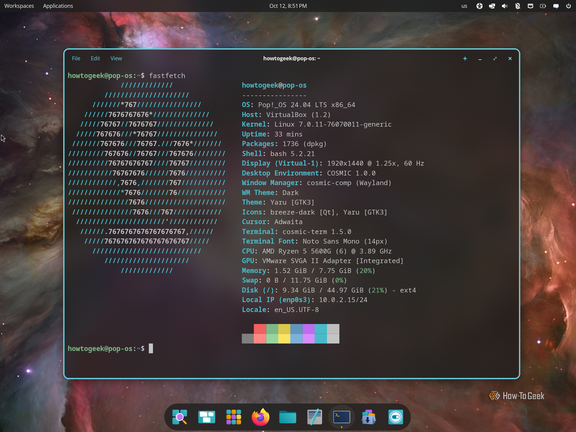 COSMIC Terminal showing fastfetch output for Pop!_OS 24.04 with COSMIC 1.0.0 on Wayland.