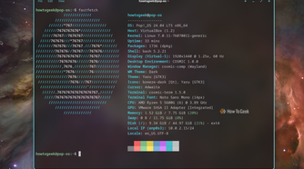 COSMIC Terminal showing fastfetch output for Pop!_OS 24.04 with COSMIC 1.0.0 on Wayland.
