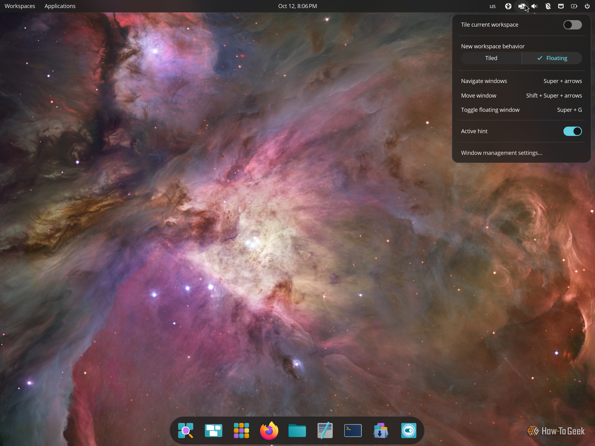 COSMIC tiling applet open in the top panel with the Tile current workspace toggle and Tiled or Floating new workspace options.