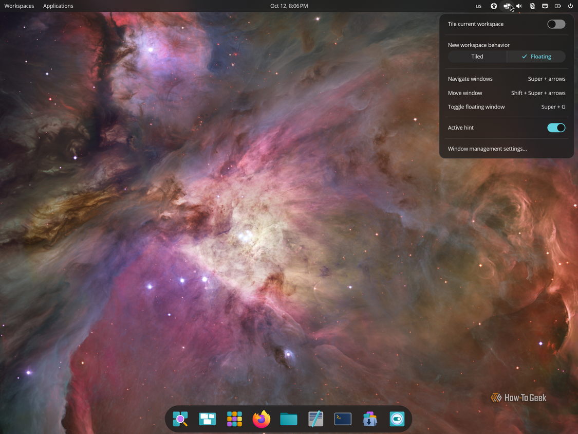COSMIC tiling applet open in the top panel with the Tile current workspace toggle and Tiled or Floating new workspace options.