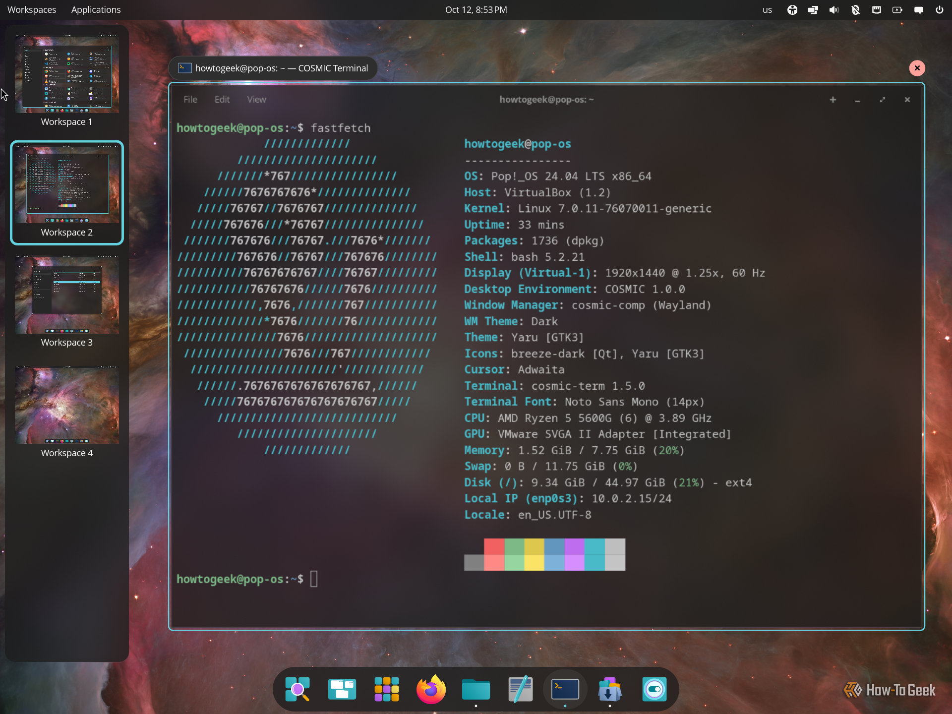 COSMIC workspace switcher sidebar showing four workspaces with the terminal on Workspace 2.