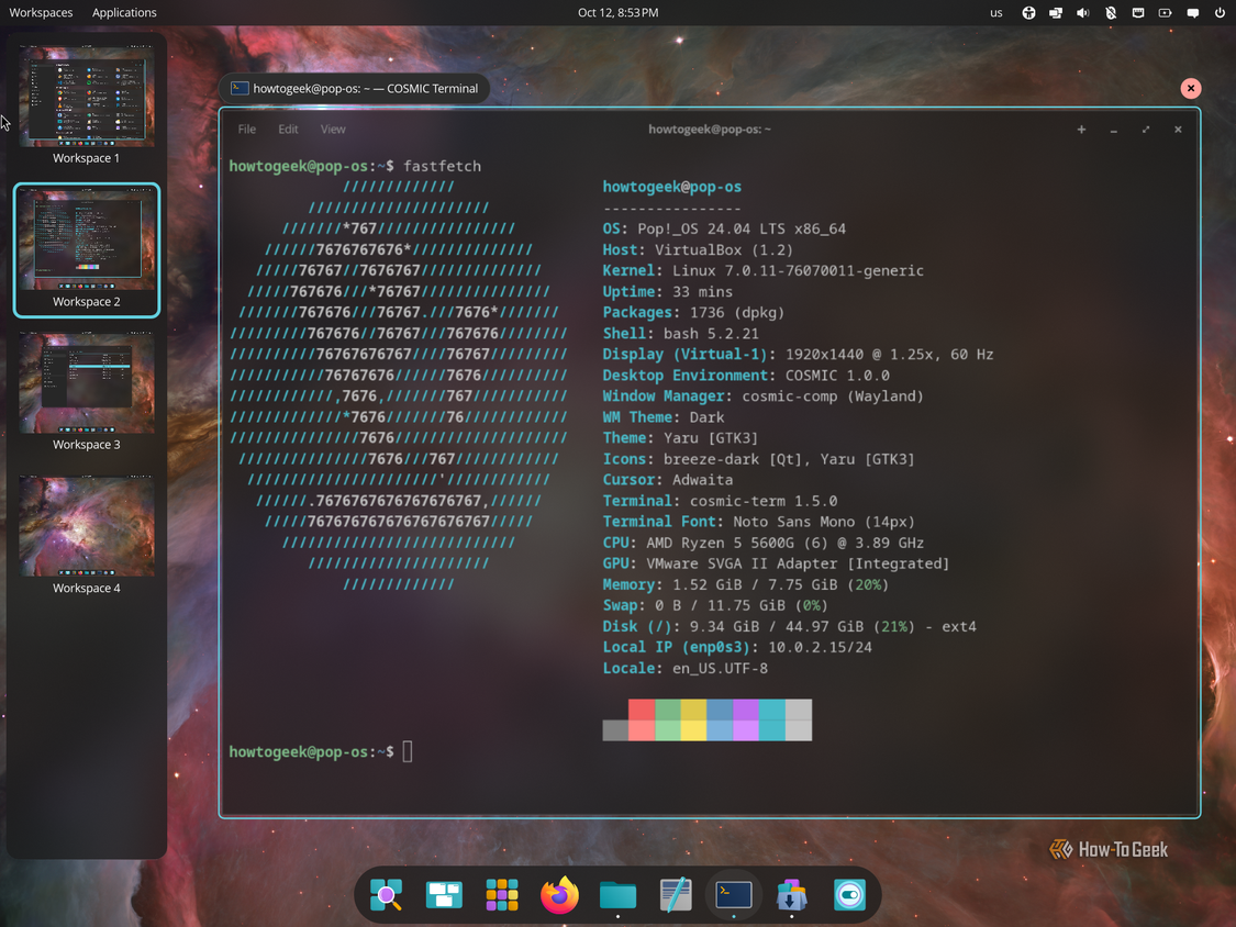 COSMIC workspace switcher sidebar showing four workspaces with the terminal on Workspace 2.