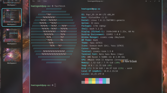 COSMIC workspace switcher sidebar showing four workspaces with the terminal on Workspace 2.