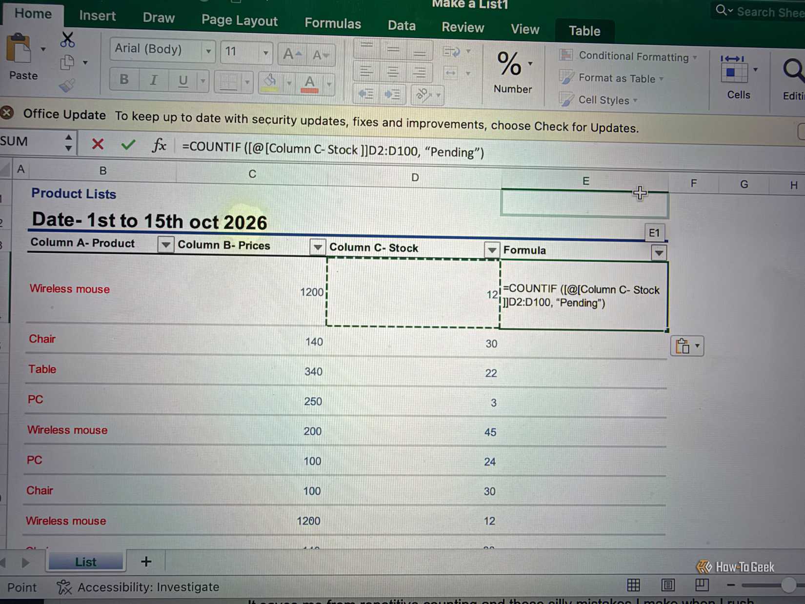 Using COUNTIF formula in excel for product lists.