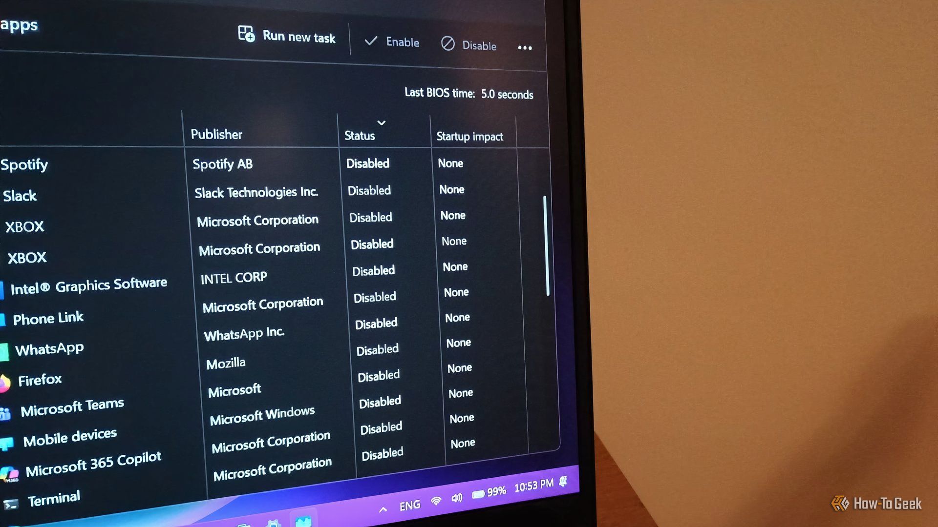 Disabled apps list in Task Manager on Windows 11 laptop.
