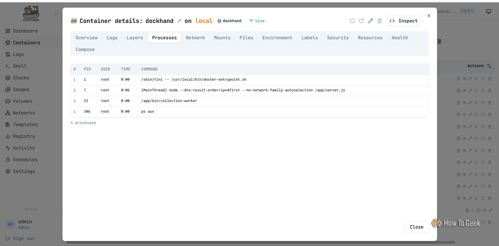 Dockhand lists the processes running inside its container, including the Node.js server and collection worker.