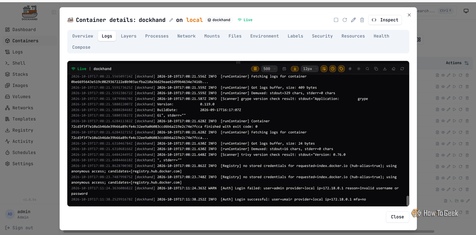 Dockhand's built-in log viewer displays application messages, scanner version checks, and container events in real time.