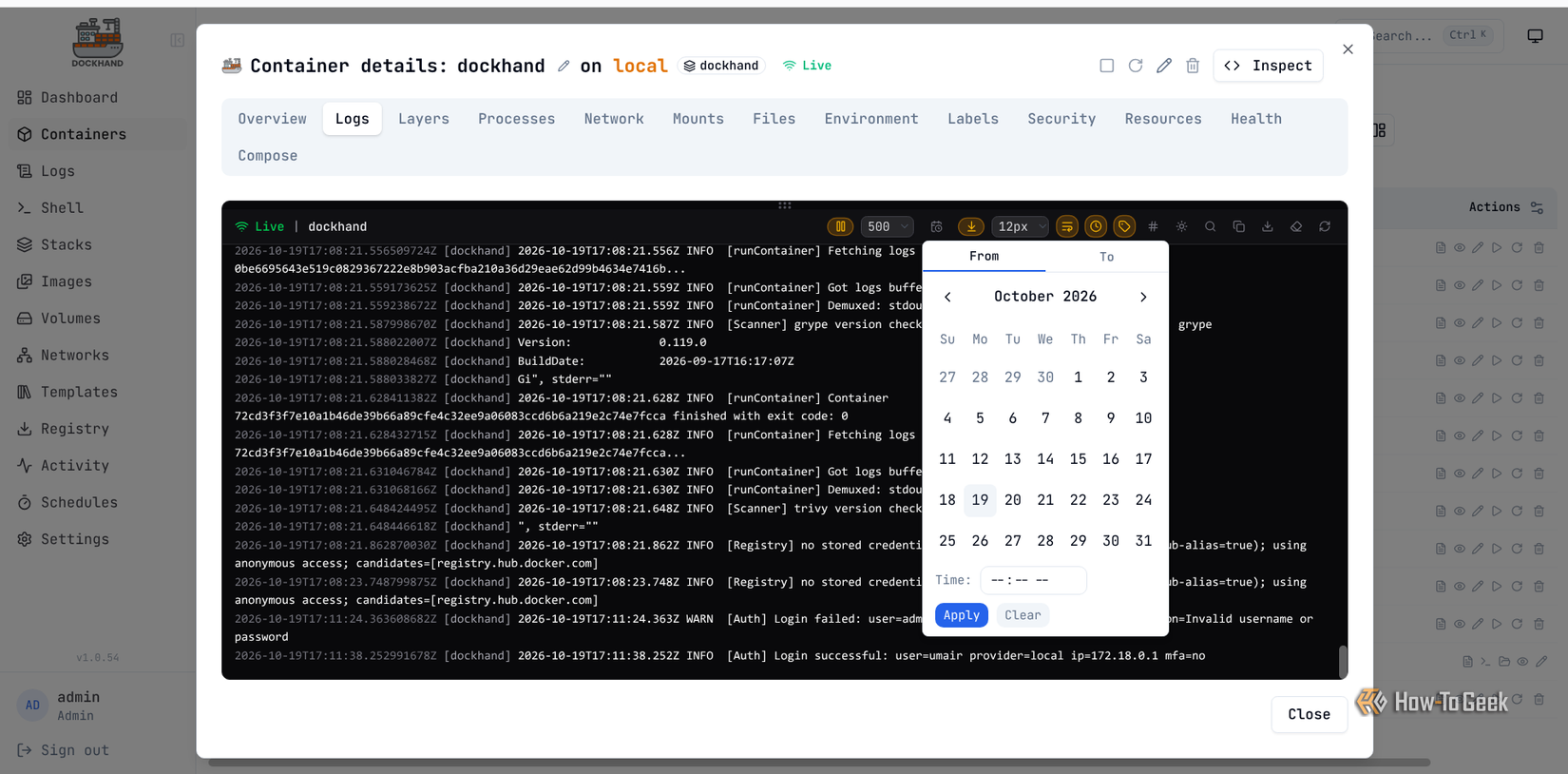 Dockhand's log viewer includes date and time filters for narrowing the displayed container logs.