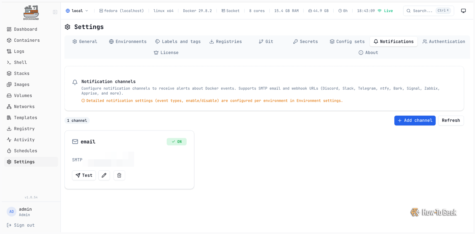 Dockhand's notification settings show an enabled email channel configured through a SMTP server.