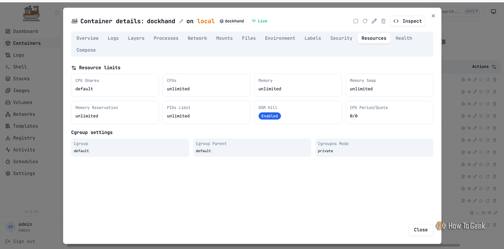 Dockhand's resource settings show CPU limits, memory limits, OOM kill status, and cgroup configuration.