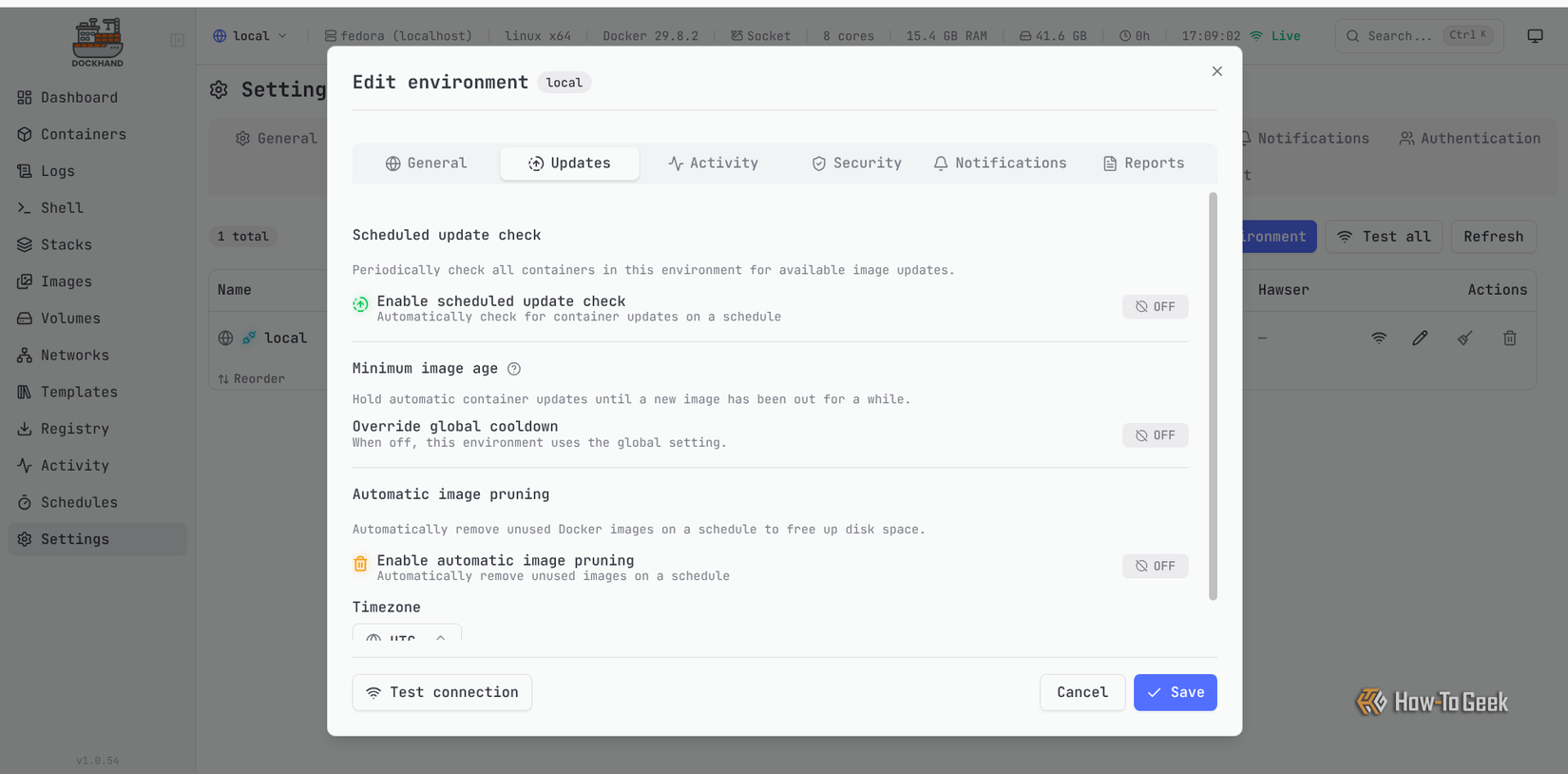 Dockhand's update settings show scheduled image checks and automatic image pruning controls for the local environment.