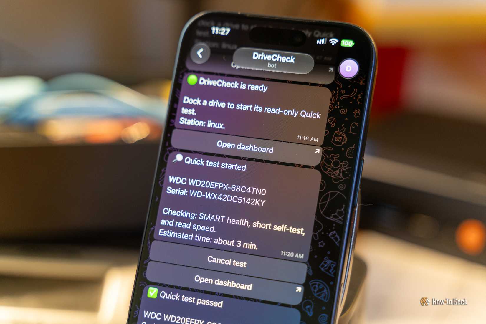 DriveCheck Telegram bot on an iPhone showing station readiness and the start of a Quick drive test.