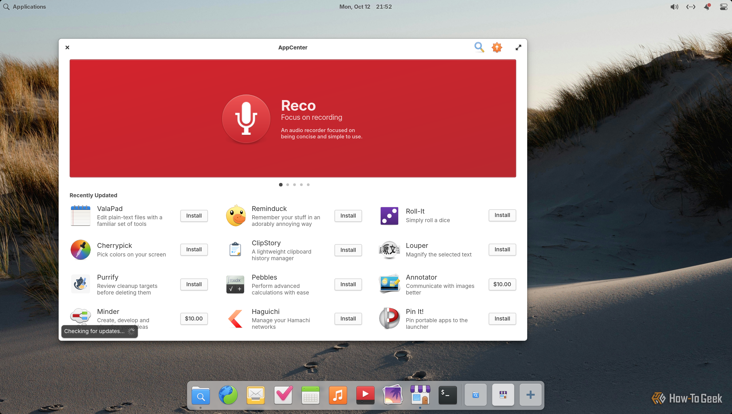 elementary AppCenter home page with a featured Reco banner and Recently Updated apps.