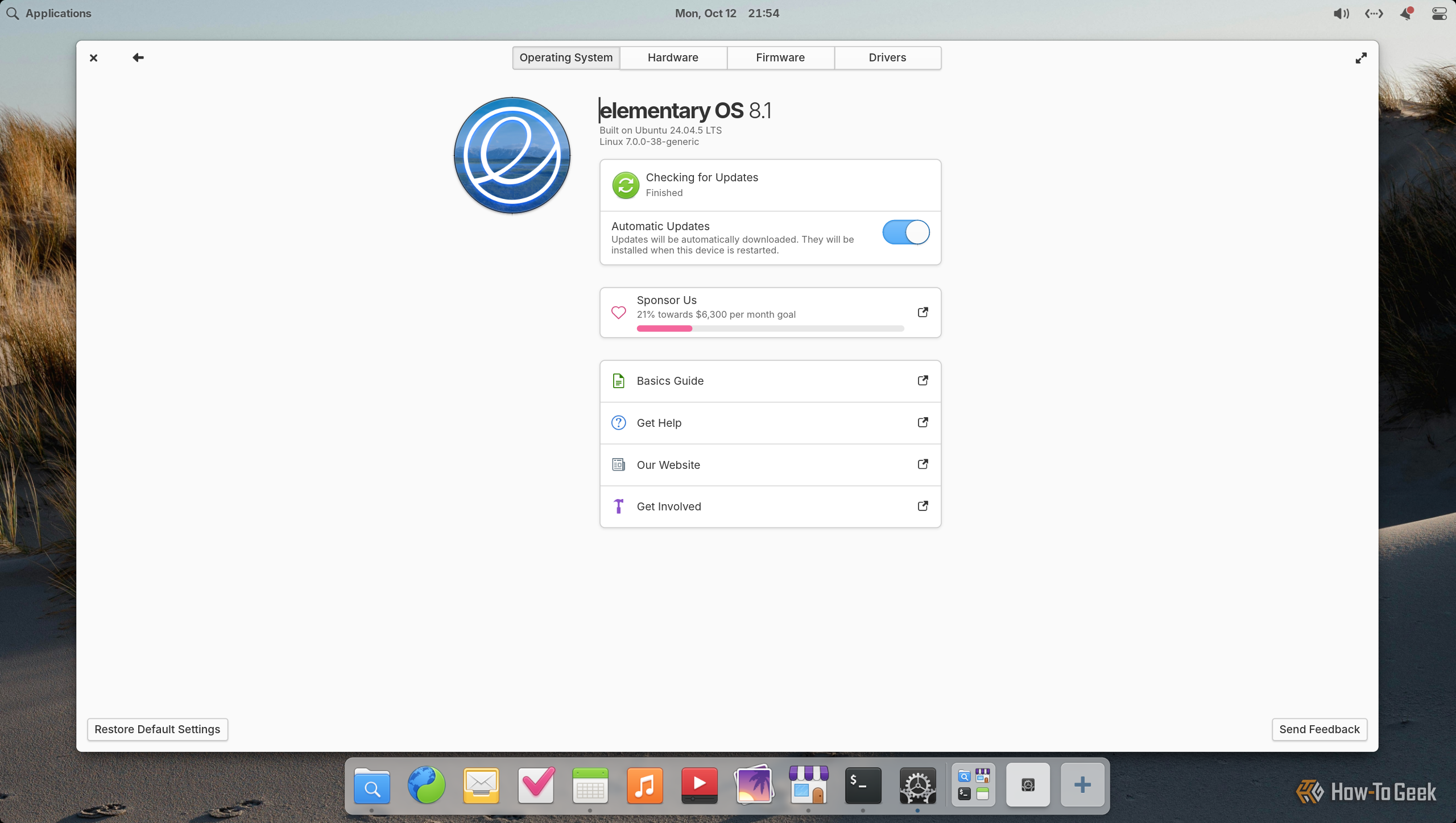elementary OS 8.1 System Settings Operating System page with automatic updates enabled.
