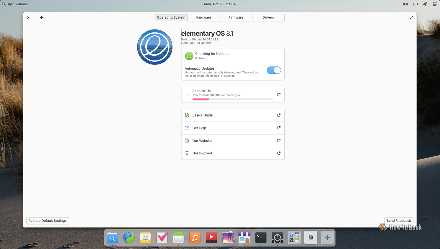elementary OS 8.1 System Settings Operating System page with automatic updates enabled.